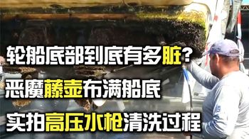 远洋船底部长满藤壶苔藓，到底要怎么清理？实拍高压水枪清洗过程